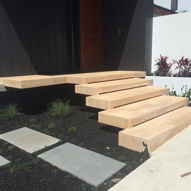 Sideview angle of newly finished floating concrete steps